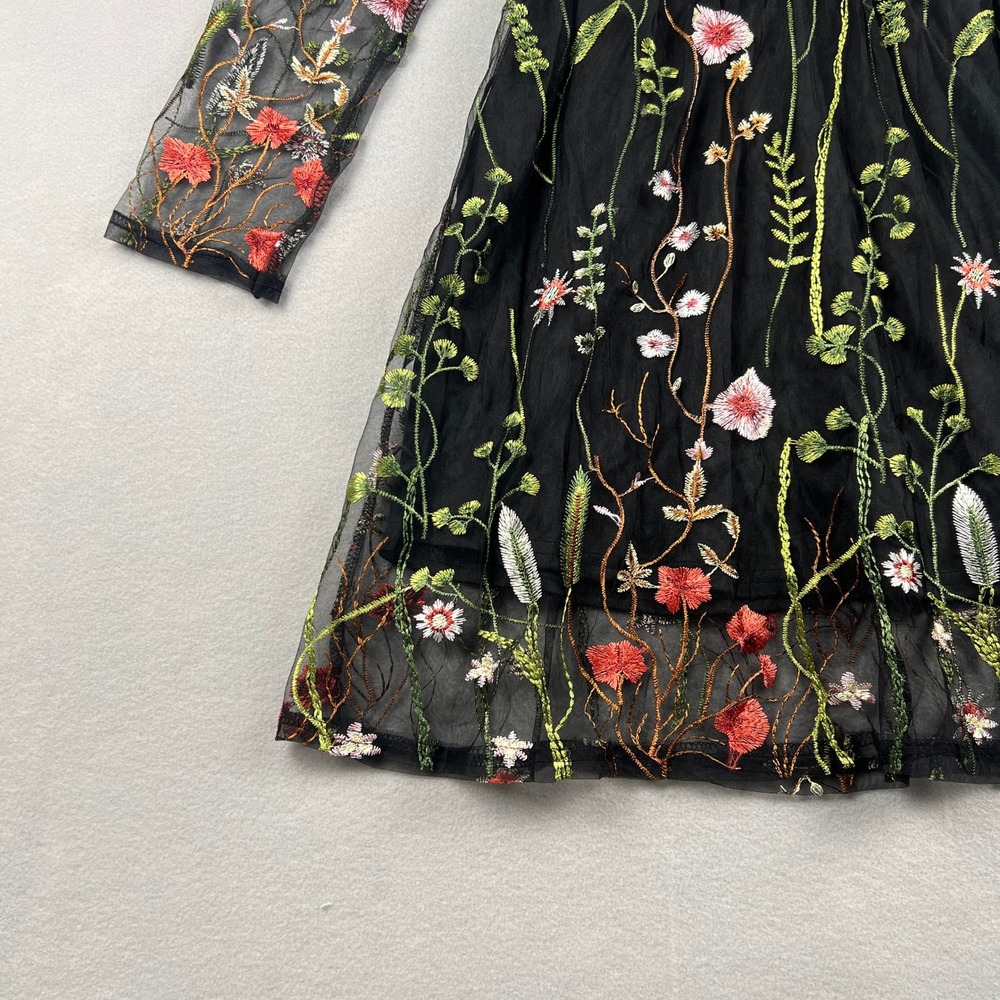 Floral Embroidered Mesh Dress Cotagecore Small Black Sheer Mini Party Wedding - Picture 9 of 11